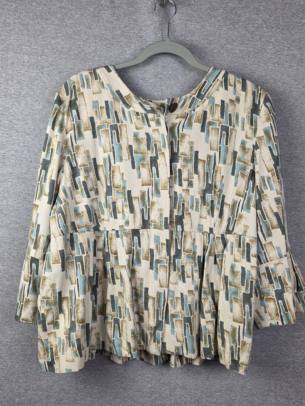 J. Jill Cream Blouse with Teal and Olive Geometric Print XL